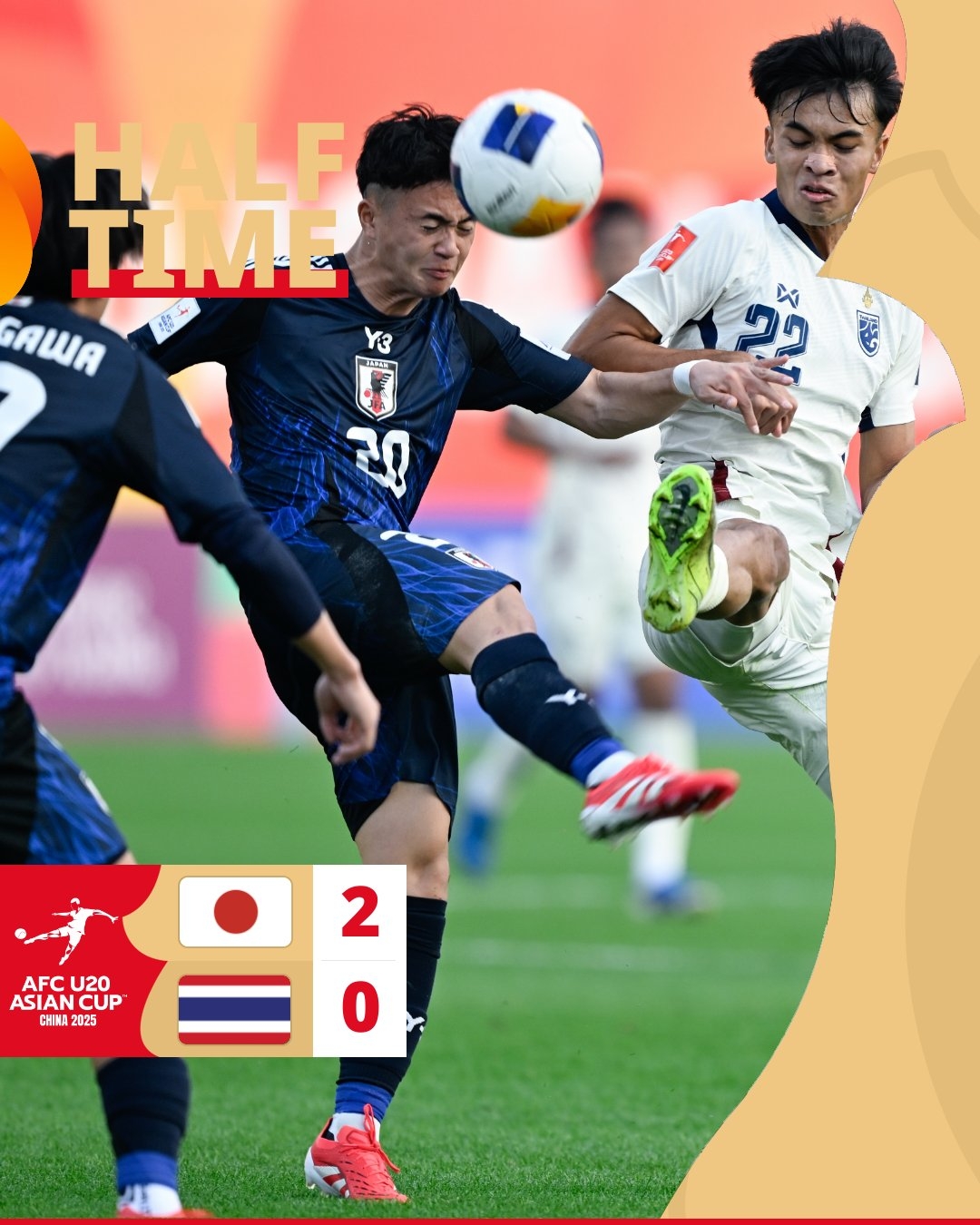  半場(chǎng)-日本U20 2-0領(lǐng)先泰國U20，石井久繼破門+中柱 泰國0射正