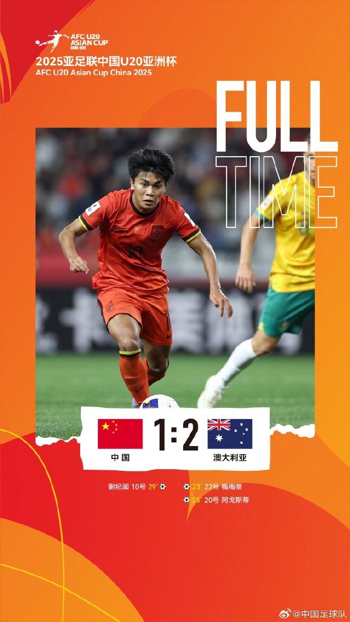  U20亞洲杯小組賽A組第三輪，中國隊1比2負于澳大利亞隊