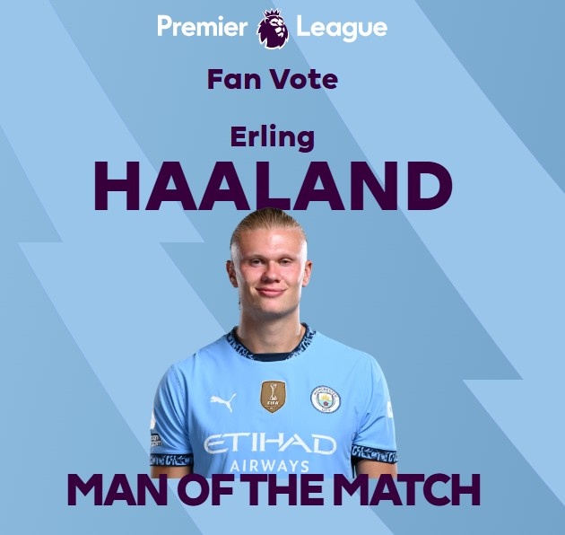  打進(jìn)致勝球！英超官方：哈蘭德當(dāng)選曼城1-0熱刺全場最佳球員