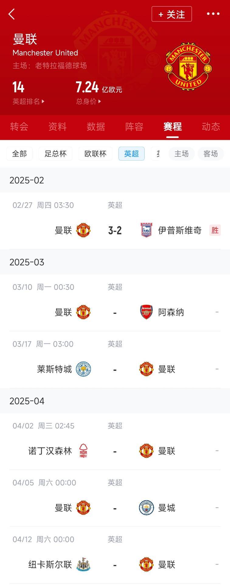  藍狐救一下？曼聯(lián)未來5輪將遭遇英超2/3/4/6名：槍手森林曼城紐卡